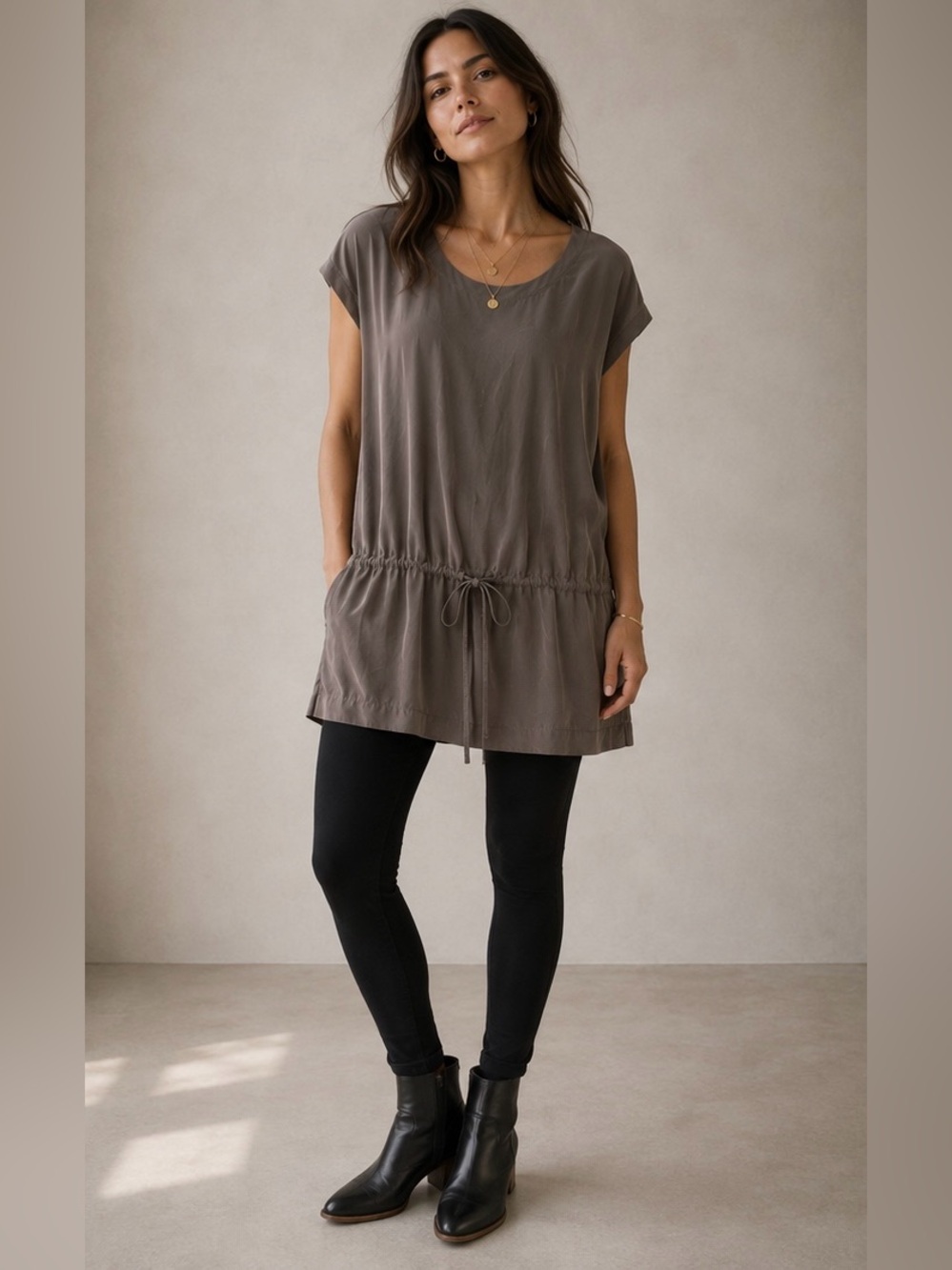 NWT Eileen Fisher Silk Tunic Taupe Drawstring Sz S
